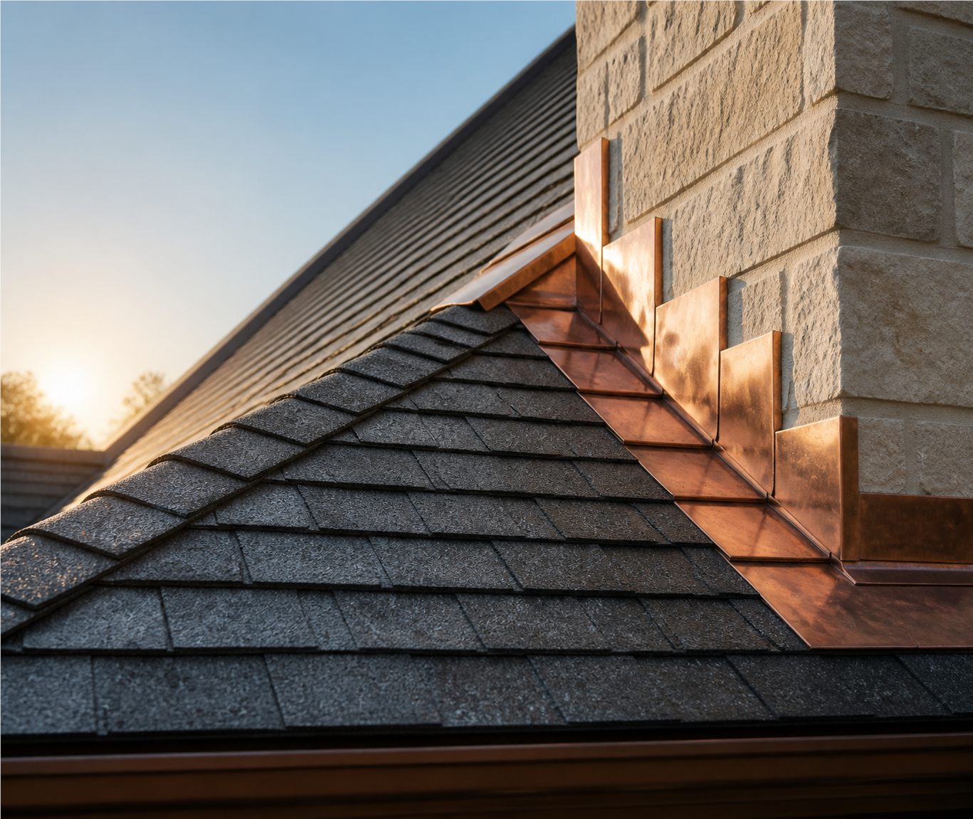 Copper flashing and charcoal shingles in early morning sunlight