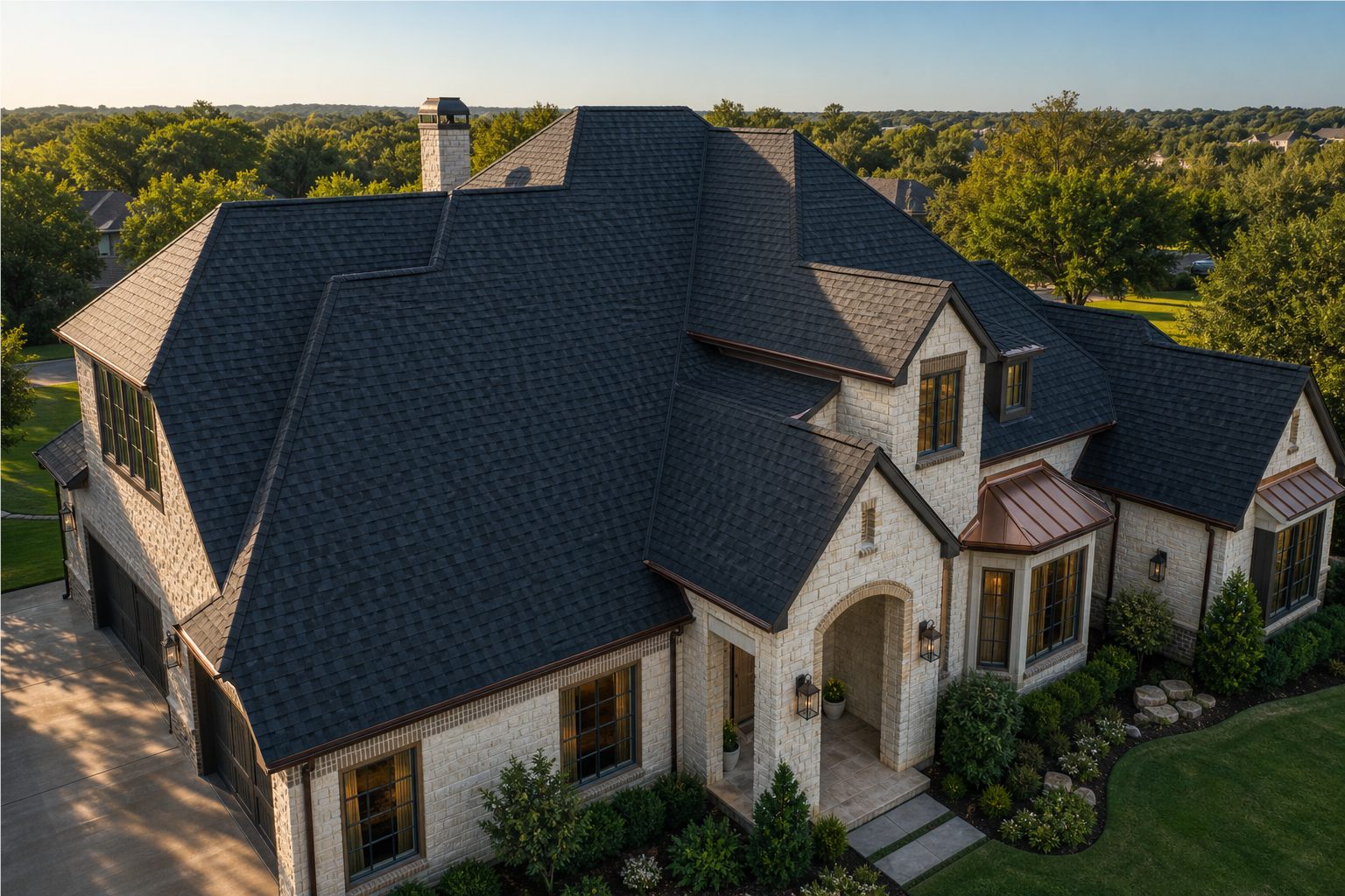 Finished charcoal shingle roof in early morning sunlight