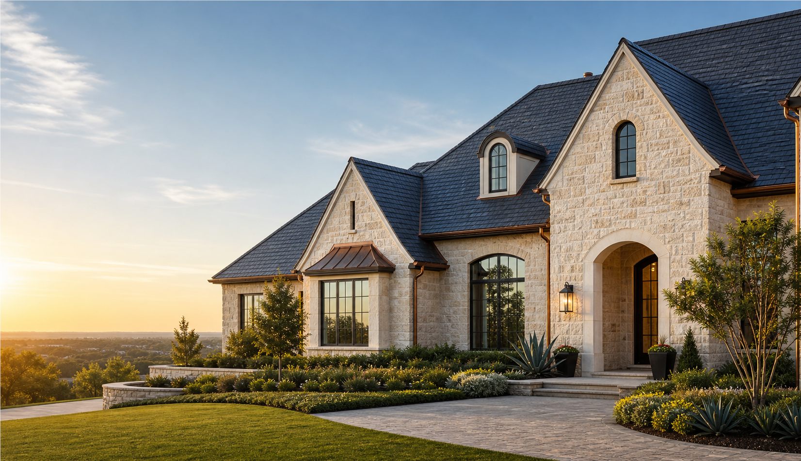 Premium North Texas home with a charcoal roof in early morning sunlight