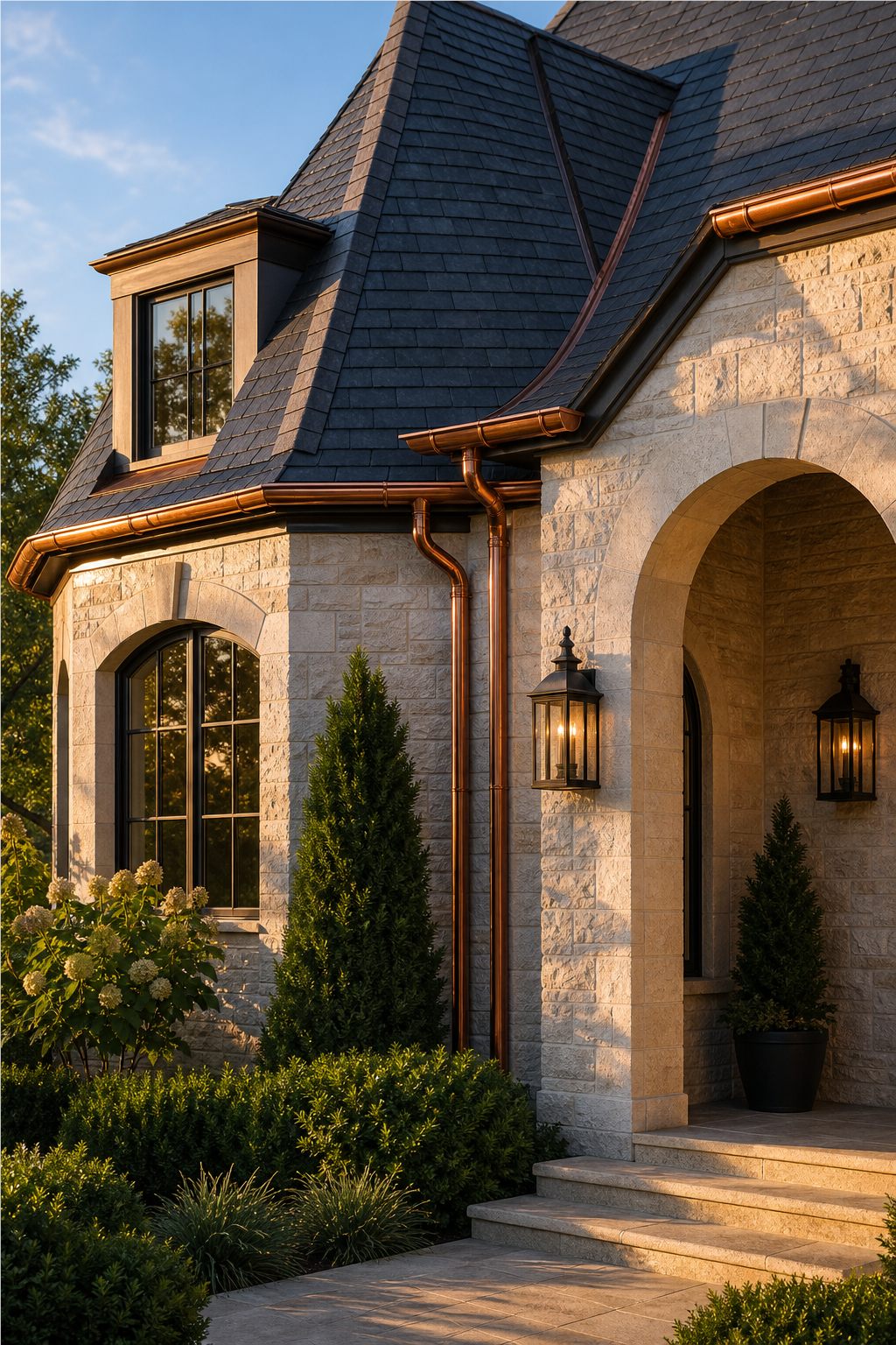 Premium residential entryway with slate roof in early morning sunlight